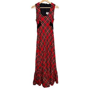 Vintage Meleny Road Red Plaid Sleeveless Maxi Dress with Ruffle Hem & Waist Tie
